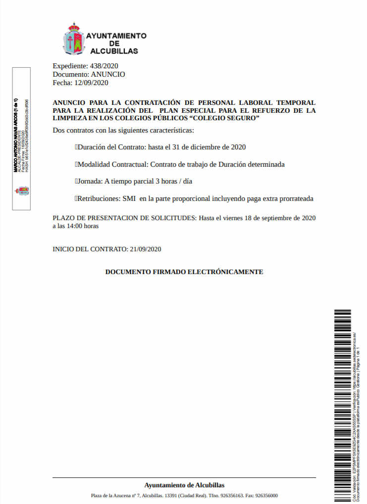 Anuncio Plan de Empleo para el refuerzo de limpieza Anuncio Plan de Empleo para el refuerzo de limpieza