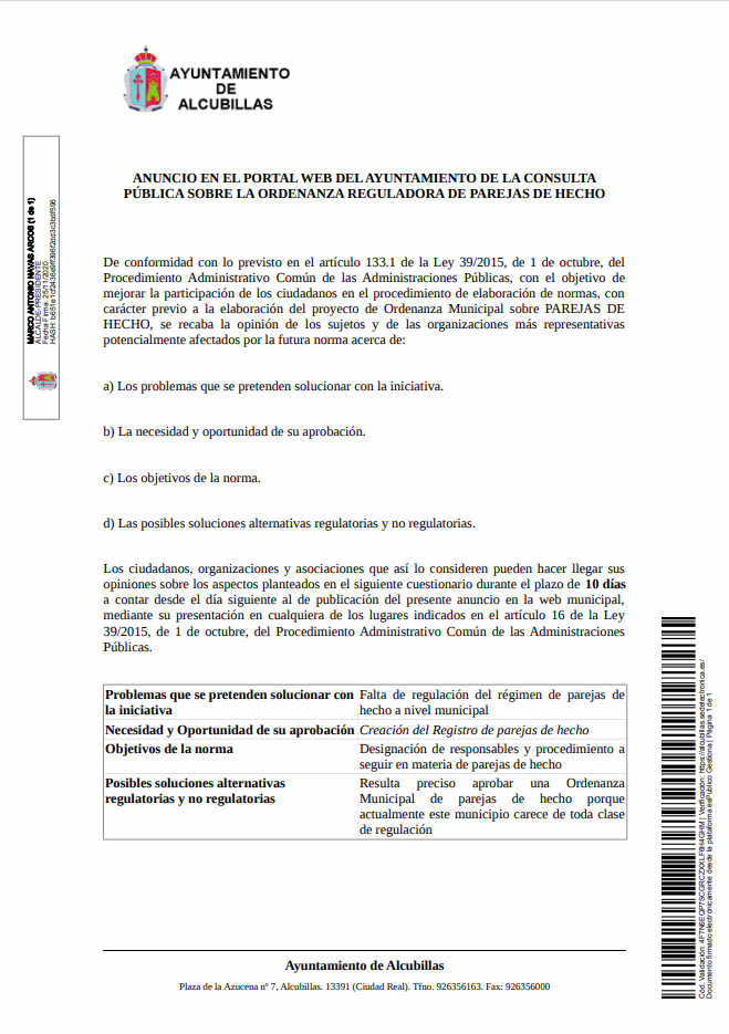 Anuncio consulta pública ordenanza reguladora parejas de hecho Anuncio consulta pública ordenanza reguladora parejas de hecho