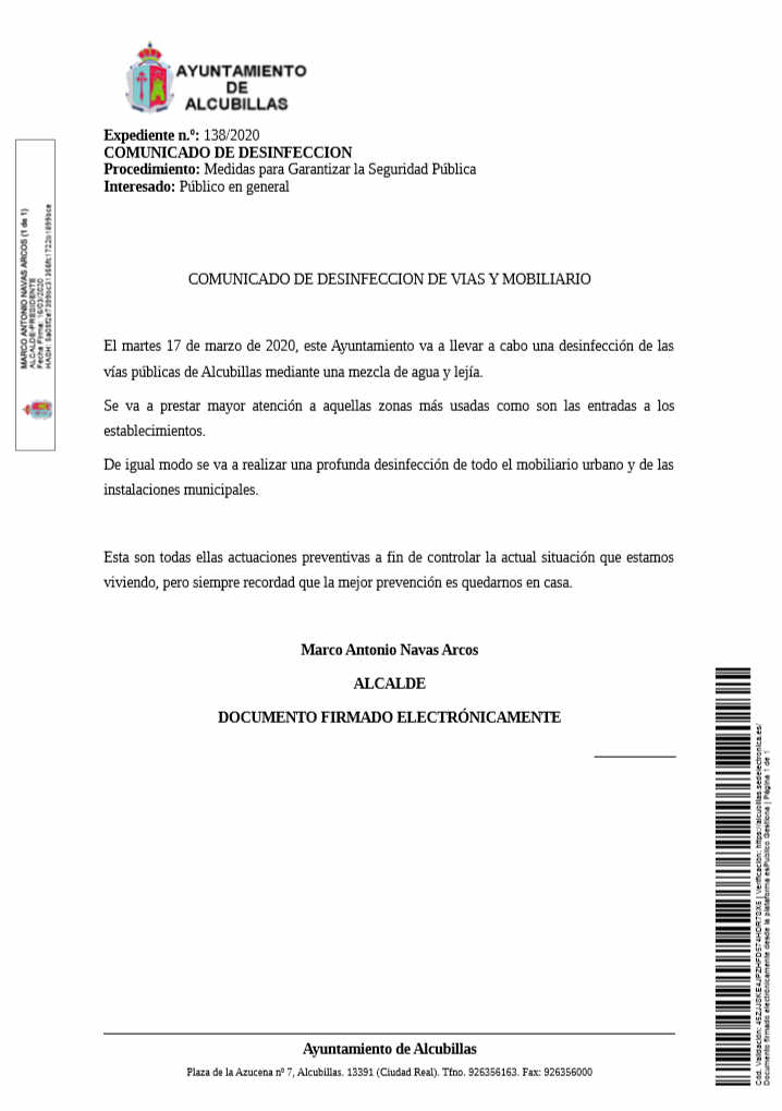 Comunicado desinfeccion vias y mobiliario Comunicado desinfeccion vias y mobiliario