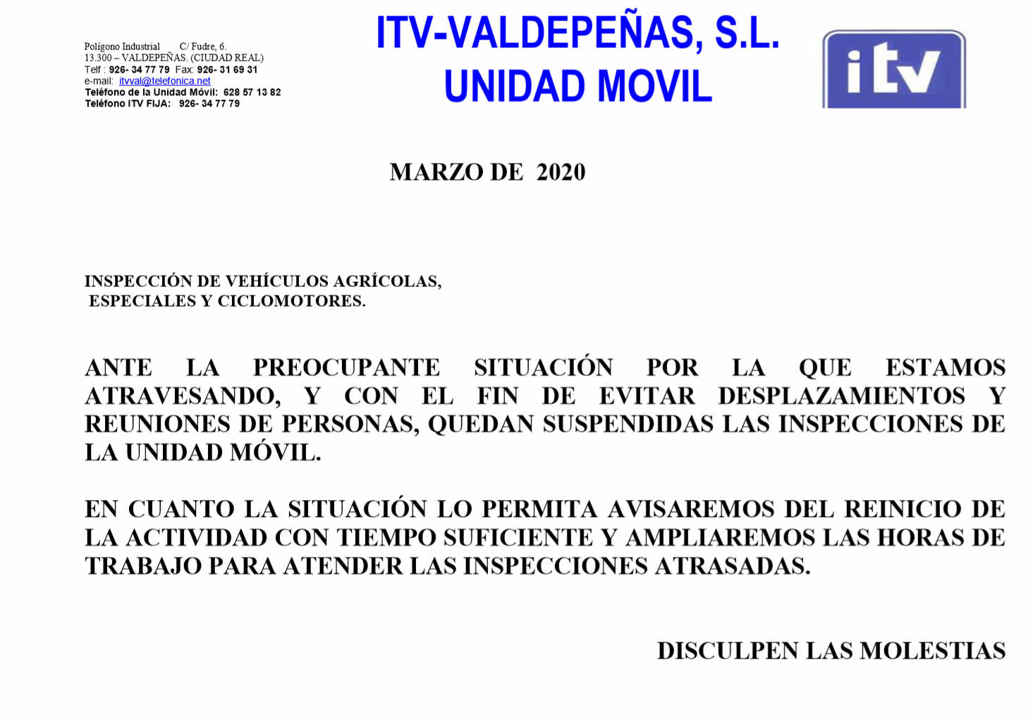 Suspensión inspección unidad móvil Suspensión inspección unidad móvil
